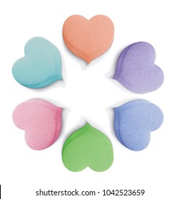 Sweet hearts, shaped sugar pill, isolated on white background with shadow. Valentine's day illustration, logotype