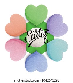 Sweet hearts, shaped sugar pill, isolated on white background with shadow. Easter's day illustration, logotype