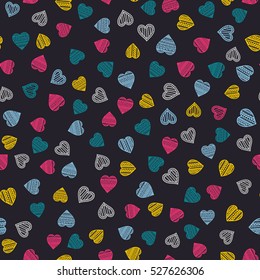 Sweet hearts. Vector seamless pattern with hand drawn hearts. Heart with doodle ornament. Colorful background for St. Valentine's Day. On black background.