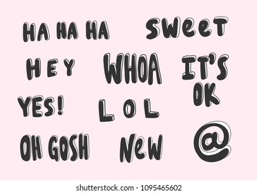 Sweet, hey, whoa, it's ok, lol, new, oh gosh stickers set for social media content. Vector hand drawn illustration design. Bubble pop art comic style poster, t shirt print, post card, video blog cover