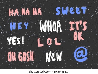 Sweet, hey, whoa, it's ok, lol, new, oh gosh stickers set for social media content. Vector hand drawn illustration design. Bubble pop art comic style poster, t shirt print, post card, video blog cover