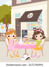 Sweet High Tea Party For Girls In Front Of The Bakery Store And A Cute  Hedgehog 