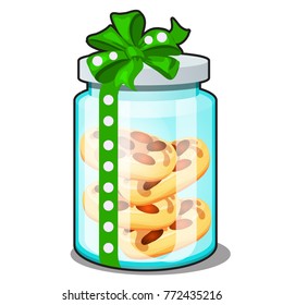 Sweet holiday baking in transparent glass jar isolated on white background. Cookies made of dough with almond. Sketch for card, festive poster. The attributes of Christmas and New year. Vector cartoon