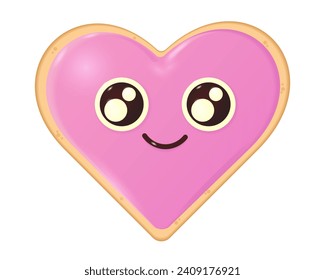 Sweet holiday cookie with pink royal icing. Cartoon character smiling heart
