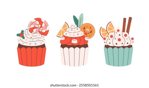 Sweet Holiday cupcakes with lollipop, cookie, cinnamon, orange slices, marshmallow. Cute muffins. Vector illustration in flat style