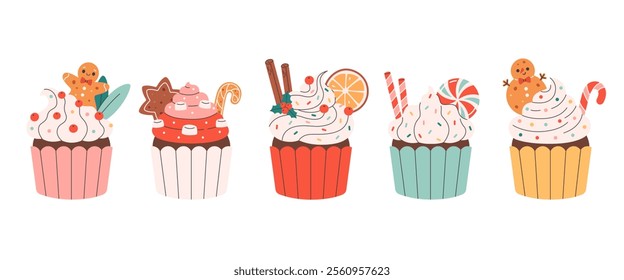 Sweet Holiday cupcakes with lollipop, cookie, cinnamon, orange slices, marshmallow. Cute muffins. Vector illustration in flat style