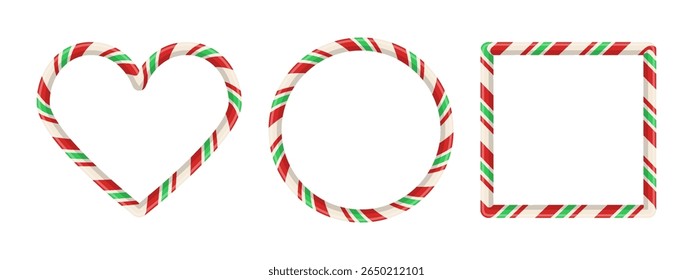 Sweet holiday frame elements with vintage swirl candycane shape for photo or card. Vector banner with red cane pattern and white festive background