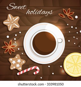 Sweet holidays. Christmas decorations on wooden texture.  Vector isolated illustration. Can be used for banners, cards.