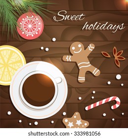 Sweet holidays. Christmas decorations on wooden texture.  Vector isolated illustration. Can be used for banners, cards.