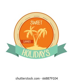 Sweet holidays logo, emblem. Vector illustration with palms on island. Summertime.