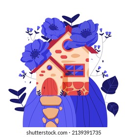 sweet home among flowers. Print, card, poster, banner. Red house. Vintage card with flowers and trendy typography.