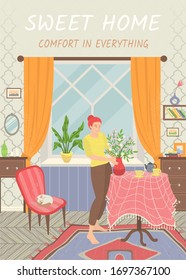 Sweet home, apartment interior of room. Woman serving table with vase filled flowers. Window with curtains, table with tablecloth, house plants decoration of house. Vector in flat cartoon style