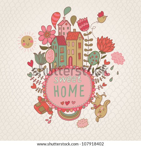 Sweet Home background with cote dog and flowers. vector illustration