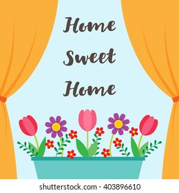 Sweet Home background with open window and flowers in pot. Vector illustration