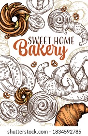 Panadería Sweet Home. Ilustración vectorial de bollería, galletas y cruasanes. Dibujar una línea. Elementos para menús y postales.