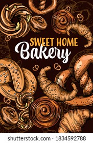 Sweet Home bakery. Vector illustration of pastries, cookies and croissants. Drawing a line. Elements for menus and postcards.