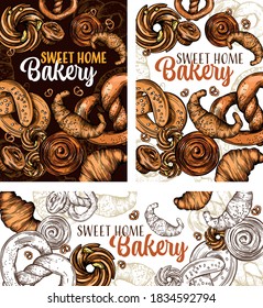Sweet Home bakery. Vector illustration of pastries, cookies and croissants. Drawing a line. Elements for menus and postcards.