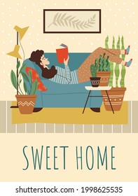 Sweet home banner with woman lying on sofa in her room and reading. Colored typography poster or print design with Sweet home text, flat vector illustration.