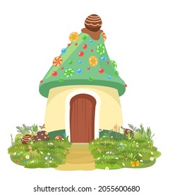 Sweet home, caramel fairy house. Illustration in cartoon style flat design. Summer cute landscape. Picture for children isolated on white background.. Vector.