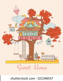 Sweet Home. Card with the Tree House. Background with cute birds and flowers. vector illustration