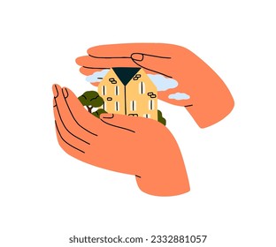 Sweet home care and protection. Hands holding, covering, protecting native house with love. Real estate insurance, safety, security concept. Flat vector illustration isolated on white background