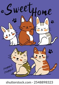 Sweet Home Cartoon Cats Illustration with Multiple Adorable Kittens on Purple Background  
