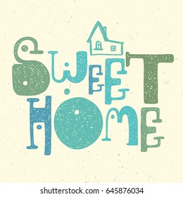 Sweet home cartoon colorful inscription hand drawing with village cottage house