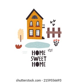 sweet home. cartoon house, tree, hand drawing lettering, decor elements. colorful illustration for kids, flat style. baby design for cards, t-shirt print, posters, logo, cover