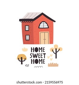 sweet home. cartoon house, tree, hand drawing lettering, decor elements. colorful illustration for kids, flat style. baby design for cards, t-shirt print, posters, logo, cover