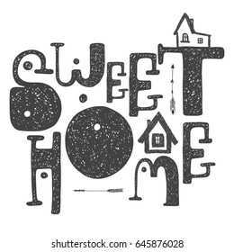 Sweet home cartoon inscription hand drawing with village house 