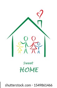 sweet home colored poster, family simple color doodles in a house isolated on a white background, vertical vector illustration