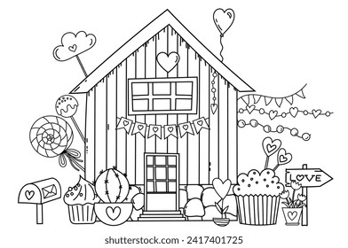 Sweet Home Coloring Page - A Charming Illustration Of A House Filled With Sweets And Flowers, A Fairy-Tale House Coloring Book For Children