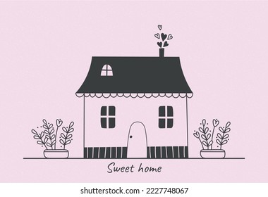 Sweet home concept. Minimal style greeting or invitation card design. Poster or banner. Beautiful architecture, building. Graphic element for printing on fabric. Cartoon flat vector illustration