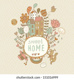 Sweet Home. Concept Vector Background With Houses, Bird, Sun, Car, Dog, Rainbow, Clouds And Flowers In Cartoon Style