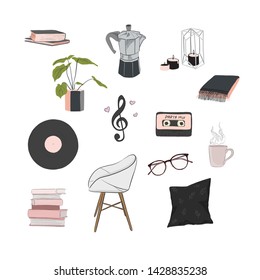 Sweet home cozy illustration: coif, cover, music, plant, books sketch. Autumn art. Contemporary Social media hand-drawn icons. 