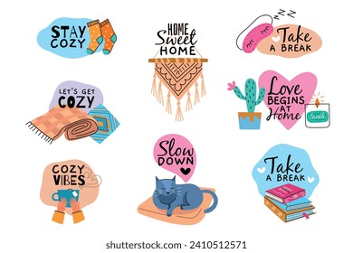 Sweet home cute stickers. Cozy lovely elements with cute texts, diary labels, hygge quotes, sleeping cat, interior decorations, vector set.eps
