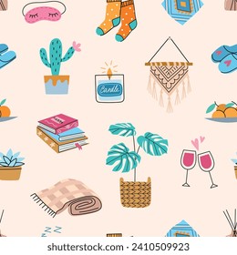 Sweet home elements seamless pattern. Cozy room repeated objects, decorative interior accessories, scented candles, plant, vector backdrop.eps
