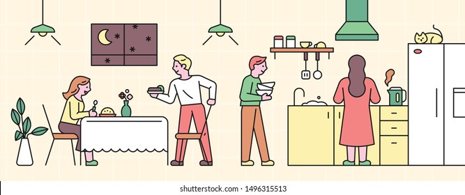 Dulce hogar. Familias que felices comiendo y lavando platos. ilustración vectorial mínima de diseño plano.