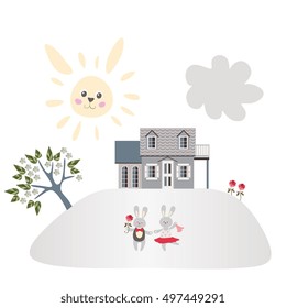 Sweet home and garden of bunnies. Cute card with two hares, house, blooming tree, flowers, sun and cloud.