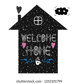 Sweet home. hand lettering welcome home. poster in house silhouette. Scandinavian style.Vector clipart. Good for print.