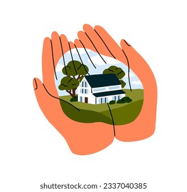 Sweet home in hands, memory concept. Dreaming, missing, lacking native house. Love to birthplace, hometown remembering, recollecting, thinking. Flat vector illustration isolated on white background