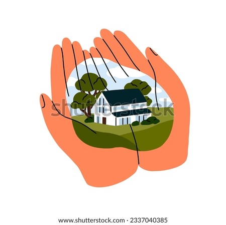 Sweet home in hands, memory concept. Dreaming, missing, lacking native house. Love to birthplace, hometown remembering, recollecting, thinking. Flat vector illustration isolated on white background