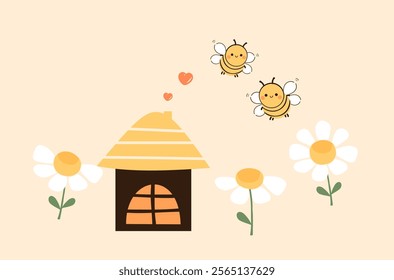 Sweet home with hearts, bee cartoons and daisy chamomile flower icon sign on honey color background vector.