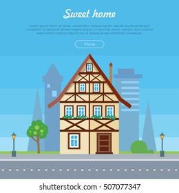 Sweet Home House Banner Poster Template. Exterior Home Icon With City Sillhouette. Residential Cottage. Modern Buildings In Flat Design Style. Real Estate Concept. Fashionable Country Building. Vector
