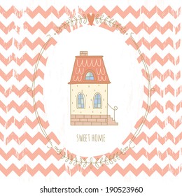 Sweet home illustration with a wreath and a very cute house. EPS 10. No gradients. Transparency.