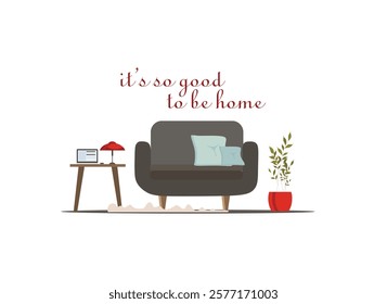 Sweet home interior with furniture. Armchair with mini coffee table. Flat cartoon style. Vector illustration.