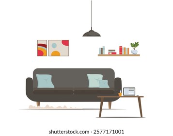 Sweet home interior with furniture. Flat cartoon style. Vector illustration.