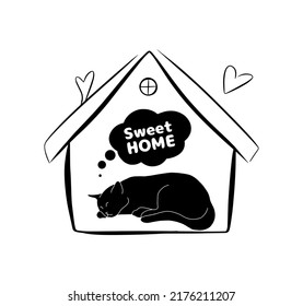 Sweet home isolated vector print template. Cute cat animal sleeping. Simple flat black outline sketch doodle drawing. Cozy home concept, graphic emblem.