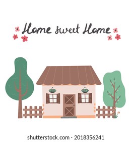 Sweet home lettering with cute house Hand drawn trendy vector illustration with colored houses. Cozy country house. Flat design. Scandinavian style buildings.