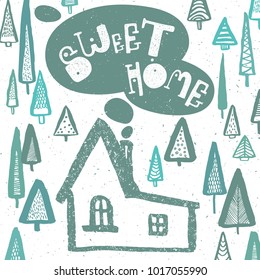 Sweet Home lettering text with house on green trees background illustration